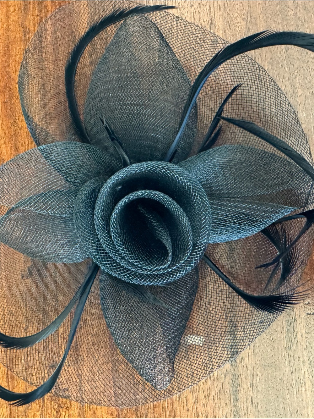 Black Floral Mesh Fascinator with Feather Accents